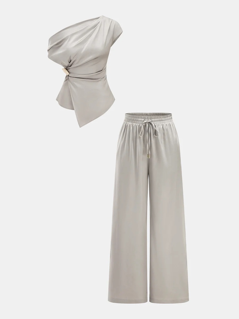 Satin One-Shoulder Top & Drawstring Pants Set